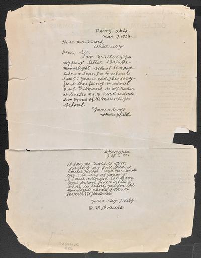 Two portraits of Senor Matilde Albiza, attached to a piece of paper that reads at the top: Oklahoma Illiteracy Commission. Under the photographs is a biographical paragraph of Albiza. The back of the photograph includes two first letter written by Moonlight School students