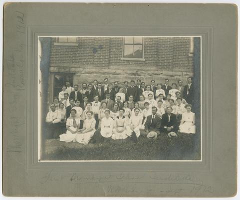 Kentucky students. Back of the photograph reads: The first night school institute that the world held at Mroehead, the first week in September 1912, conducted by superintendent and teachers of Rowan County- the names of the 53 students are listed