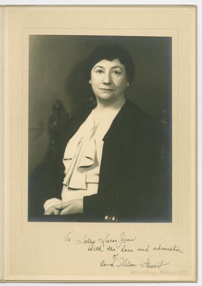 Portrait of Cora Wilson Stewart, taken at Harris & Ewing in Washington D.C. Bottom of the photograph reads: To Sally Lucas Jean with the love and admiration of Cora Wilson Stewart
