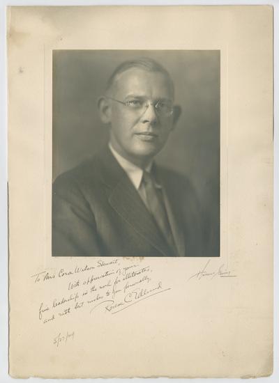Roscoe C. Edlund. A hand-written note below the photograph reads: To Mrs. Cora Wilson Stewart, with appreciation of your fine leadership in the world for illiterates and with best wishes to you personally. Roscoe C. Edlund, 5/27/29