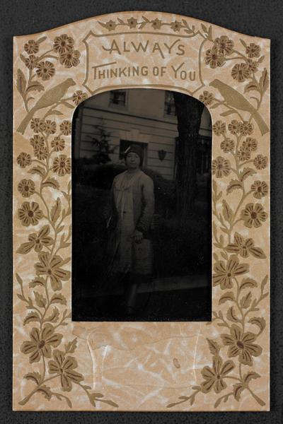 Cora Wilson Stewart, full length photograph, in a decorative paper frame