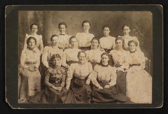 Fourteen young women in three rows, Cora Wilson Stewart is on the second row. The back of the photograph faintly lists, in pencil, all of the names of the women pictured