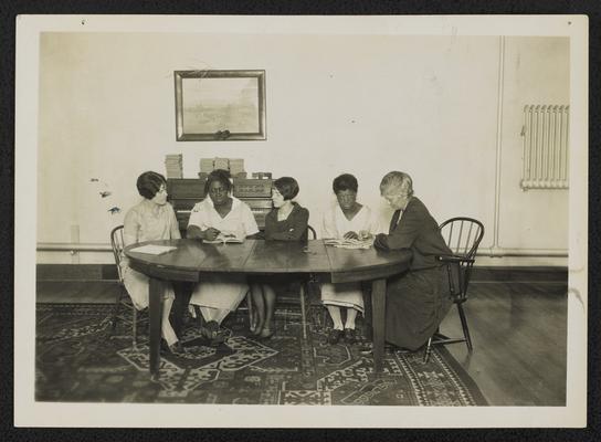 Vermont students. [L to R] Unidentified woman; Mamie Barber; unidentified woman; Grace Barber; and Caroline Woodruff, Director of the Castleton, Vermont Normal School