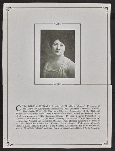 Portrait of Cora Wilson Stewart above a biographical paragraph and reviews of her books