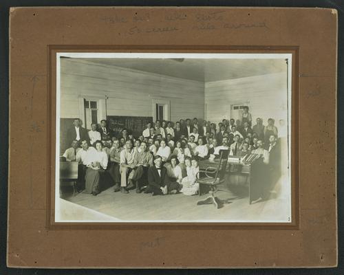 Oklahoma students. Back of the photograph reads: Oklahoma Moonlight School, Satimer County, Oklahoma, 1916- C.E. Fair, County Superintendent