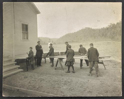 Unidentified male students. Back of the photograph reads: Making School Furniture, Dry Creek School