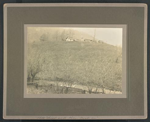 A row of small houses at the crest of the hill, the photograph was printed in Louisa, Kentucky. Written at the bottom of the photograph: All died with their boots on