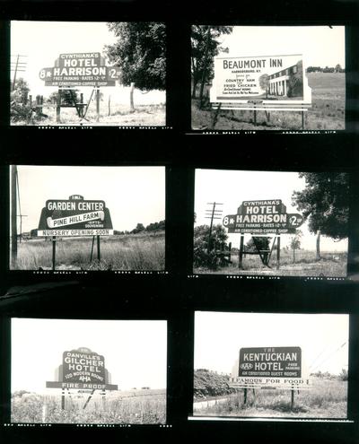 Advertising photographs; Six images on a single sheet: billboards advertising four different hotels and a nursery; Jim Ramsey named under 4 of the signs