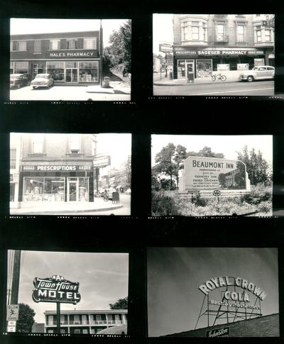 Advertising photographs; Six images on a single sheet: three pharmacies, two motels and Royal Crown Cola; 2 with Jim Ramsey named