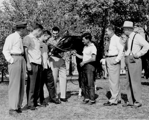 Horses; Uncle Kenny; Your Colors; Whirlaway surrounded by a group of admirers at Calumet Farm