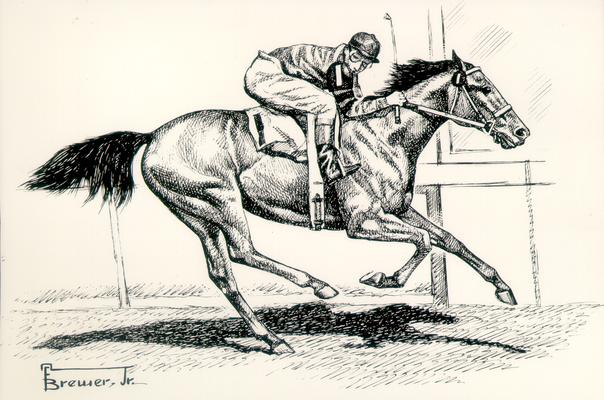 Horses; Sketches and Paintings by Brewer; Drawing of a horse being ridden by a jockey