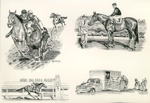 Horses; Sketches and Paintings by Brewer; Four sketches including the winner's circle, the race, and a horse being unloaded from a truck