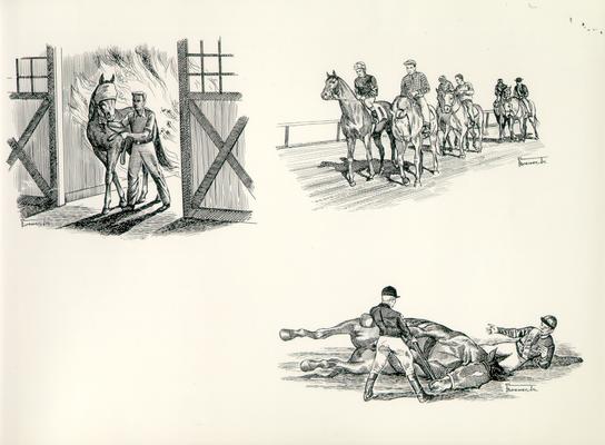 Horses; Sketches and Paintings by Brewer; Three sketches including a fallen horse and a horse being lead out of a fire