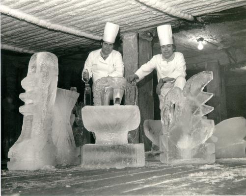 Ice Sculptures; Two ice sculptors showing off their creations