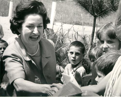 Johnson, Lyndon B. and Ladybird; Ladybird Johnson greets some children