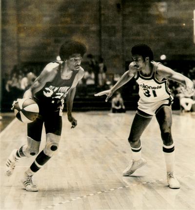 Kentucky Colonels; American Basketball Association (ABA) Team; One of the Kentucky Colonels plays perimeter defense