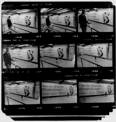 Milward Funeral Home; Contact Sheets; Nine negatives of Milward and the billboard