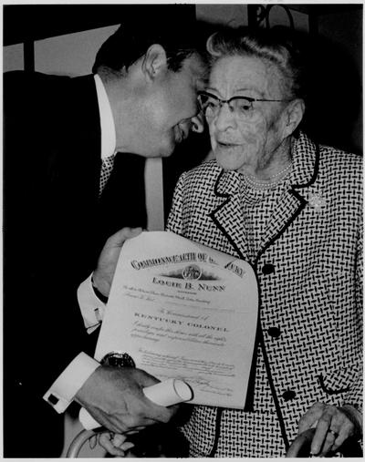 Nunn, Louie B.; Nunn proclaims an elderly lady an honorary Kentucky Colonel