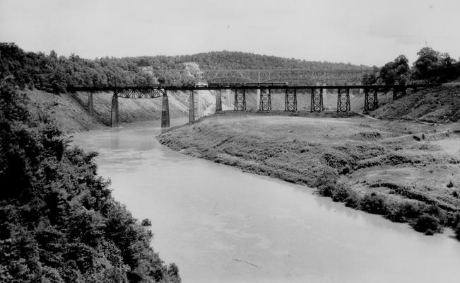 Old Southern Bridge; The Old Southern Bridge with a train coming out of a tunnel