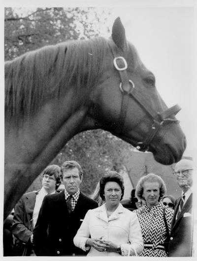 Princess Margaret; 1974; Margaret, Snowden, Whitney, and Combs admire a horse