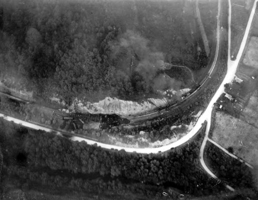 Railroad Accidents; Aerial Views; A blurry aerial view of a train wreck