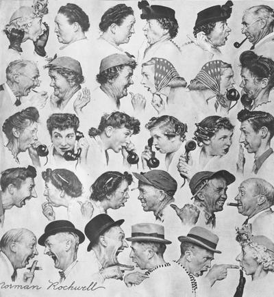 Sketches and Paintings of People; Painting of fourteen people having a gossip, by Norman Rockwell