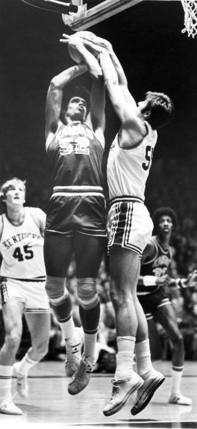 University of Kentucky; Basketball; UK vs. Kansas; Kentucky #55 blocks a Kansas shot with two hands