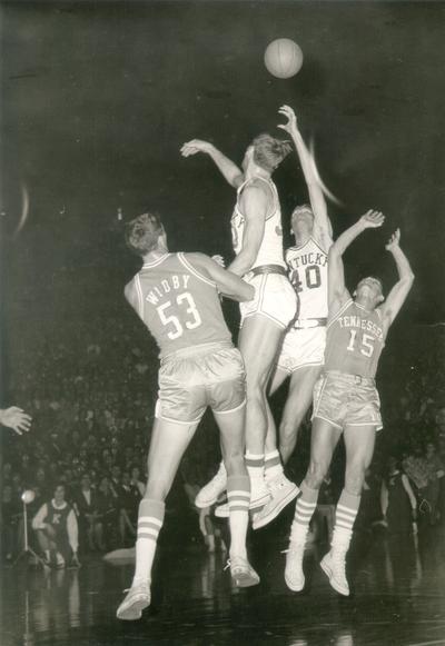 University of Kentucky; Basketball; UK vs. Tennessee (Volunteers); Two Kentucky players converge on a rebound