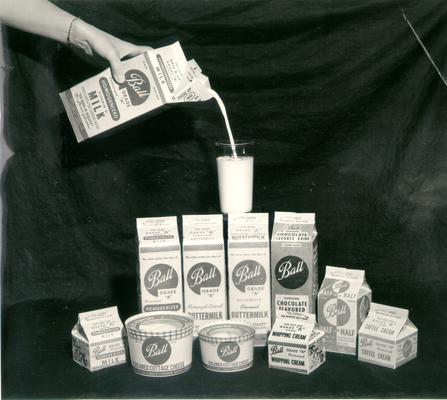 Ball Dairy Co.; Advertising photograph of dairy cartons and containers