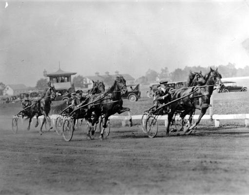 Horses; Harness Racing; Race Scenes; Automobiles in the inner ring of a race track