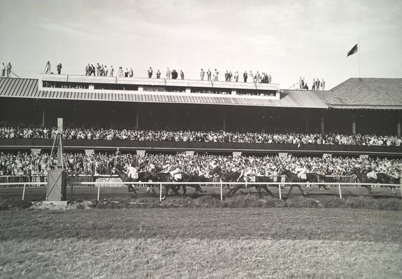 Horses; Crowd Scenes; Fans watch from the grand stand, nearby roof tops