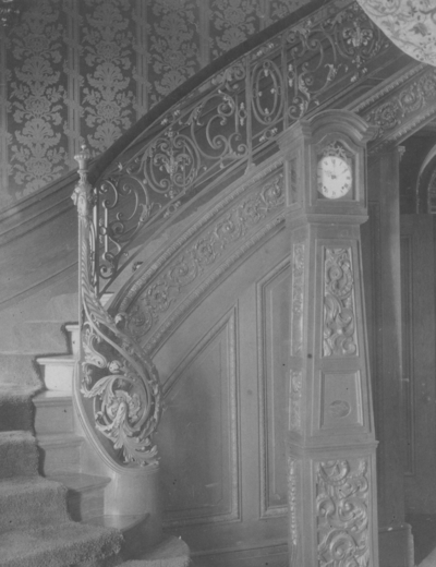 Interior of Elmendorf Mansion; bottom of staircase in Elmendorf Hall. Silver Print