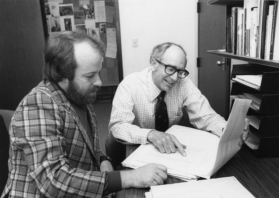 Adelstein, Michael E., Professor and Writing Instructor, Department of English, 1958 - 1987 (at right), with Professor Ken Davis, Photograph featured in April 30 1979 
