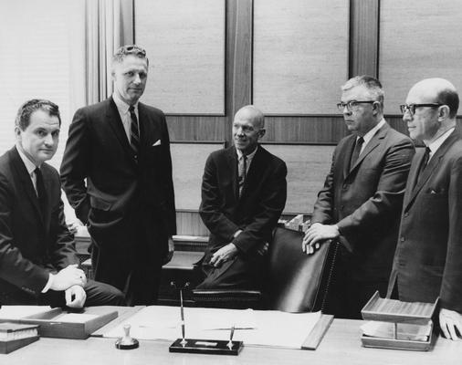 Albright, Arnold D., Executive Vice President for Institutional Planning, Pictured left to right with Dr. Glenwood Creech (Vice President for University Relations), Robert L. Johnson (Vice President for Student Affairs), Dr. William Willard (Vice President for Medical Center), Robert Kerley (Vice President for Business Affairs), Dr. Albright (right), Photographer, Lexington Herald - Leader staff