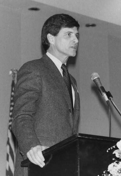 Davis, Bruce, pictured speaking at past presidents luncheon, February 22, 1989