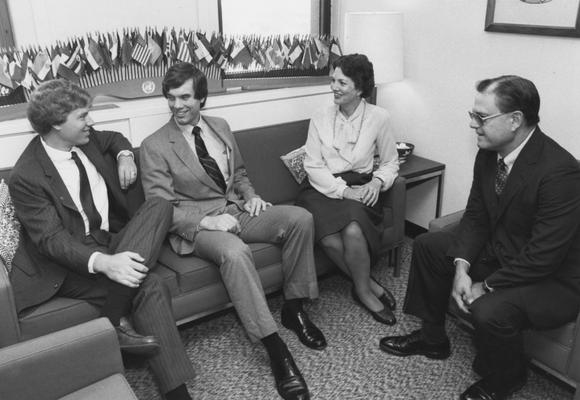 Davis, Vince, Professor, Political Science Department, pictured right with (from left) Michael Baumberger, Parker, and Sylvia Cherry, also he was the Director of the Patterson School of Diplomacy and International Commerce