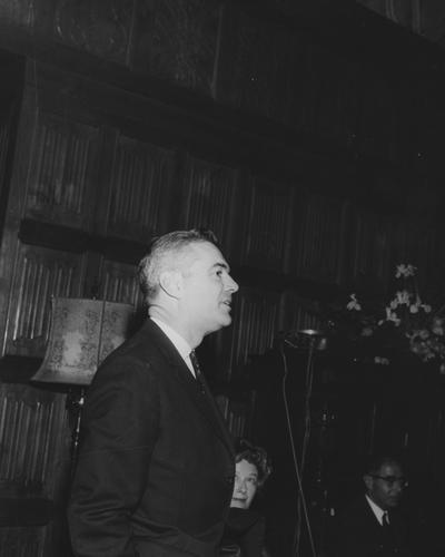 Dickey, Frank G., President, University of Kentucky, 1956 - 1963, Dean, College of Education, pictured at Spindletop, April 30, 1963