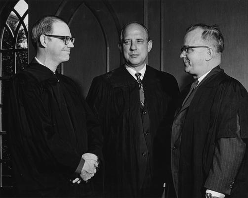 Drake, Robert M., Jr., Professor, Mechanical Engineering, Dean, College of Engineering, pictured at center with James P. Noffsinger (left), School of Architecture and Joseph L. Massie (right), College of Business and Economics, prior to their initiation into Omicron Delta Kappa, the national leadership honor society, April 1968, Public Relations Department