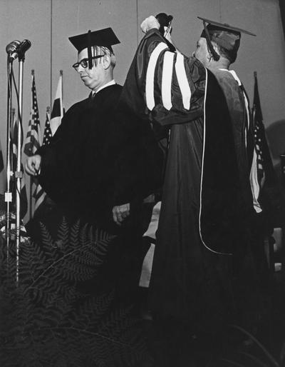 Goldberg, Arthur, United States Ambassador to United Nations, speaking at University of Kentucky on Founders' Day Convocation and receiving honorary degree, February 1966, photographer: Lexington Herald - Leader staff