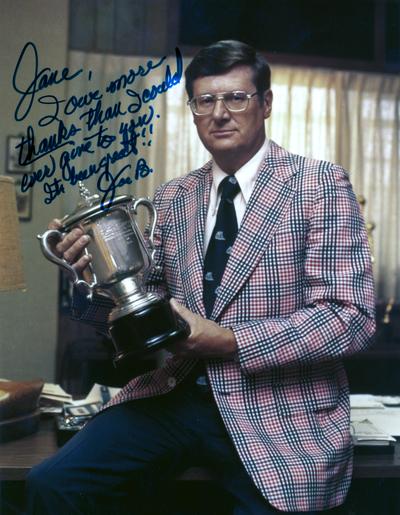 Hall, Joe B., University of Kentucky Men's Basketball Coach, Autographed to Jane Rollins, Adolph Rupp's Secretary and Administrative Assistant from 1955-1972, and Joe. B. Halll's Administrative Assistant from 1972-1979, Joe B. Hall is holding the NCAA trophy won in 1978