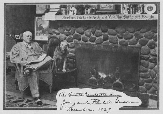 Anderson, F. Paul, Dean of Mechanical Engineering, 1892 - 1918, Dean of Engineering, 1918 - 1934, birth 1867, death April 8, 1934, Christmas card featuring photo of Anderson and his dog, signed 