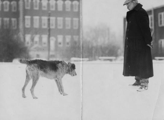 Anderson, F. Paul, Dean of Mechanical Engineering, 1892 - 1918, Dean of Engineering, 1918 - 1934, birth 1867, death April 8, 1934, Anderson on campus with his dog, Jerry