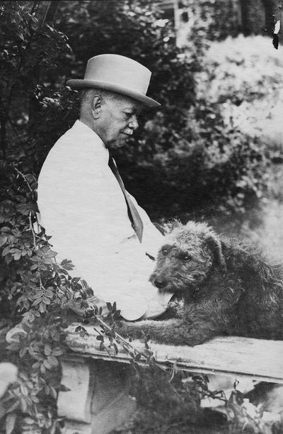 Anderson, F. Paul, Dean of Mechanical Engineering, 1892 - 1918, Dean of Engineering, 1918 - 1934, birth 1867, death April 8, 1934, Anderson with his dog, Jerry