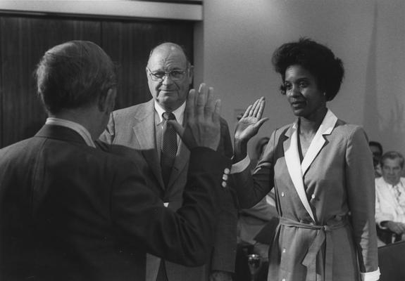 Hayes, Edythe, First female African American Board of Trustees member served on the Board 1981 - 1993, being sworn in with another Board member William Sturgill