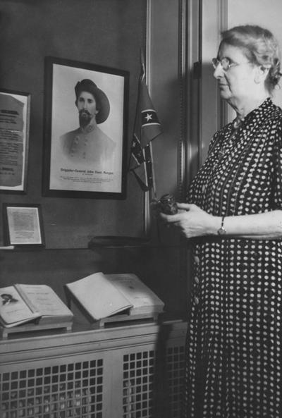 King, Margaret I., pictured at the exhibit of material in the newly opened Confederate Room of the University of Kentucky Margaret I. King Library