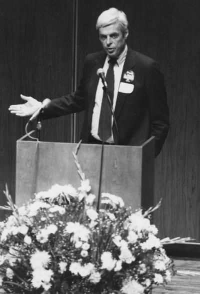 Plimpton, George, writer, author, lecturer, and adventurer, Speaker presenting during a 1991 Prichard lecture