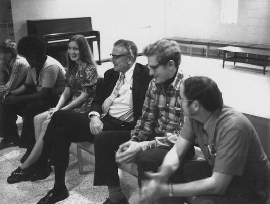 Singletary, Otis A., University of Kentucky President 1969-1987, pictured seated with Mike Green, Landel Owen, Etta Thompson, Donny Krutina, and Aaron Ratcliff