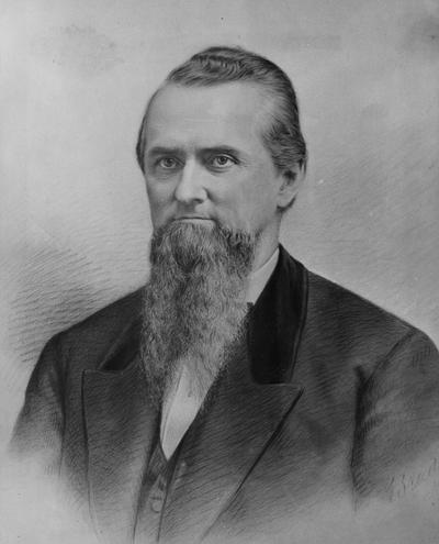 John Bryan Bowman, regent of Kentucky University from 1866 - 78, is considered the founding father of the University, Photograph of portrait drawing of Bowman in later life