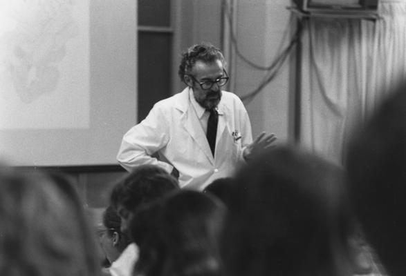 Winer, Alfred D., Professor of Biochemistry, pictured in classroom