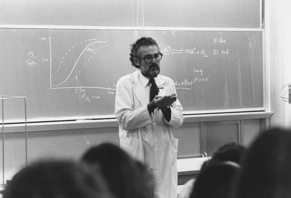 Winer, Alfred D., Professor of Biochemistry, pictured in classroom